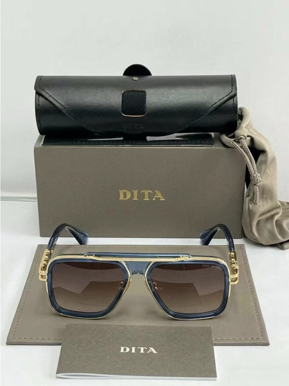 DITA Blue Gradient Square Sunglasses with Gold Hardware